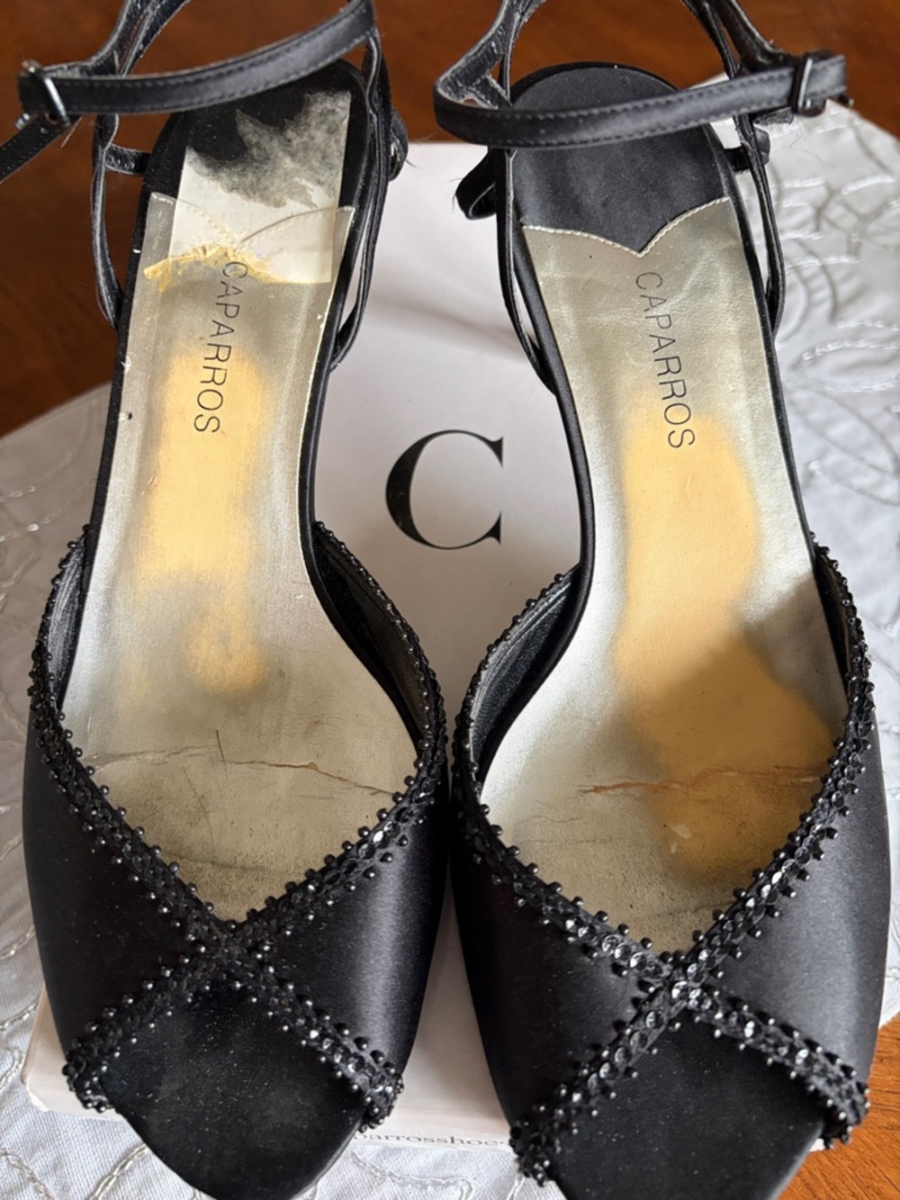 Caparros Black Satin Beaded Crisscross Heels